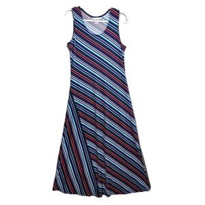 Peter Nygard Stretch Slinky Maxi Dress Womens S Diagonal Stripes Sleeveless Blue